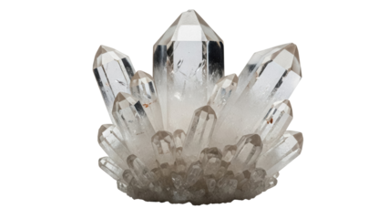Quartz crystal cluster isolated PNG on transparent background, mineral specimen with clear points for geology and metaphysical use