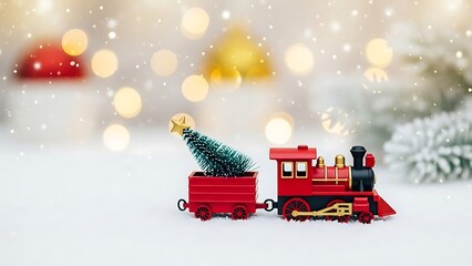 Close up of a small red toy steam train carrying a miniature christmas tree in a wagon, set against a snowy, bokeh background with falling snow