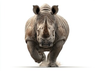 Fototapeta premium Majestic Rhinoceros Running Forward Studio Shot White Background Detailed Texture Powerful Wildlife Portrait