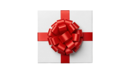 Square gift box with red ribbon and bow isolated PNG, present for Christmas or birthday on transparent background