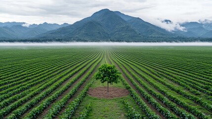Coffee Plantation Rows Under Mountain Landscape