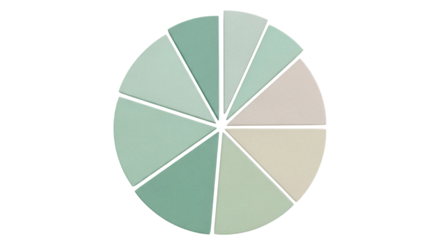 Pastel pie chart PNG isolated on transparent background, data visualization element with soft green and beige segments for infographics
