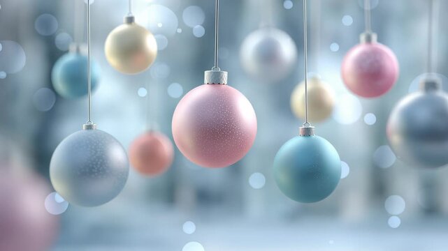 Soft pastel Christmas ornaments hanging in a bright winter bokeh background creating a clean festive holiday scene for banners cards and seasonal designs