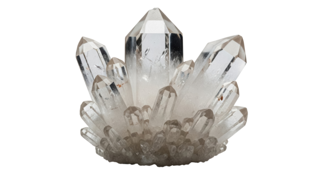 Quartz crystal cluster isolated PNG on transparent background, mineral specimen with clear points for geology and metaphysical use