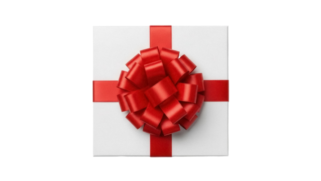 Square gift box with red ribbon and bow isolated PNG, present for Christmas or birthday on transparent background - Powered by Adobe