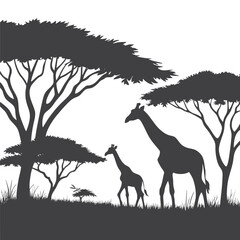 African Savanna Silhouette with Giraffes and Acacia Trees Wildlife Landscape Vector