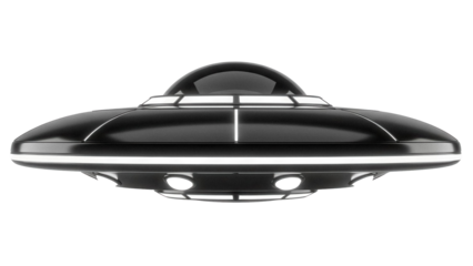 Sleek black UFO PNG isolated on transparent background, futuristic flying saucer for science fiction and space exploration themes
