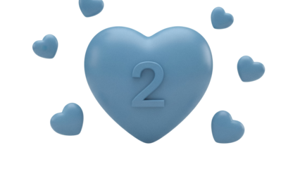 Blue heart with number 2 isolated PNG on transparent background, love and romance concept for Valentine s Day and anniversary