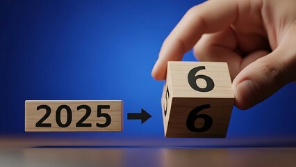 Hand placing wooden block with number 6 next to 2025 block with arrow indicating transition or countdown to the year 2026 concept against blue background