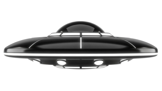 Sleek black UFO PNG isolated on transparent background, futuristic flying saucer for science fiction and space exploration themes
