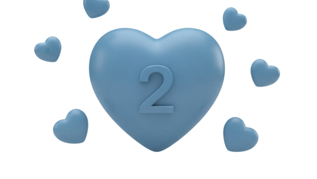 Blue heart with number 2 isolated PNG on transparent background, love and romance concept for Valentine s Day and anniversary