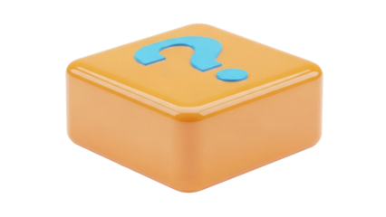 Orange question mark block PNG isolated on transparent background, 3D rendering of a box with a blue question mark for games and learning