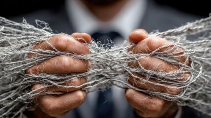 A person in a suit strains to break a tangled net held in their hands. Intense struggle