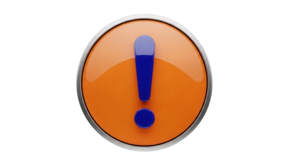 Orange round button with blue exclamation mark isolated PNG, attention sign for web design and user interface elements