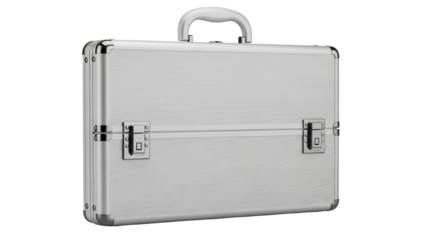 Silver aluminum briefcase isolated PNG, metal suitcase for business travel and secure document storage on transparent background