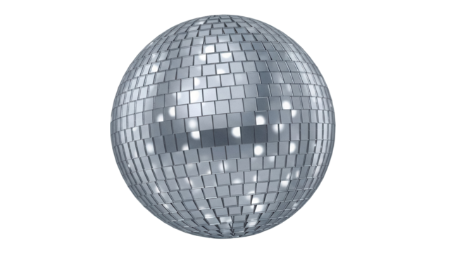 Shiny disco ball isolated PNG on transparent background, mirror ball for party, dance, celebration, and entertainment events, retro and vintage style