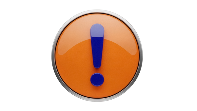 Orange round button with blue exclamation mark isolated PNG, attention sign for web design and user interface elements