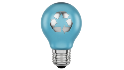 Light blue lightbulb with recycling symbol isolated PNG, eco-friendly energy concept for environmental awareness and sustainable living