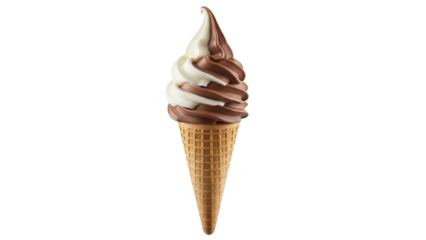 Delicious chocolate and vanilla soft serve ice cream cone isolated PNG, sweet dessert treat on transparent background for summer and food concepts