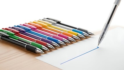 Array of colorful pens with one writing a straight blue line on white paper