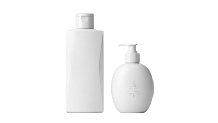 Two white cosmetic bottles isolated PNG on transparent background, minimalist design for beauty and personal care products