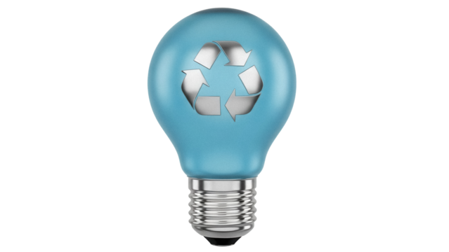 Light blue lightbulb with recycling symbol isolated PNG, eco-friendly energy concept for environmental awareness and sustainable living - Powered by Adobe