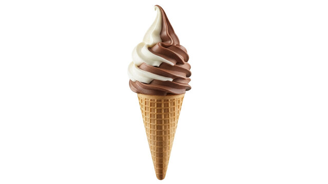 Delicious chocolate and vanilla soft serve ice cream cone isolated PNG, sweet dessert treat on transparent background for summer and food concepts