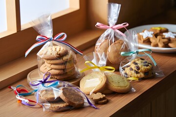 Cookies in bags with colorful ribbons on a wooden surface indoors