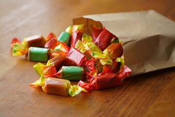 Colorful wrapped candies spilling from a brown paper bag onto wood surface