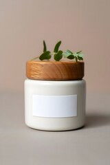 Cream jar with wooden lid and plant decoration for a minimalist aesthetic look