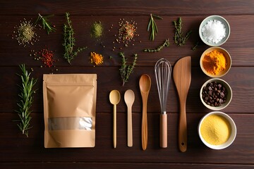 Culinary ingredients and kitchen tools arranged on a dark wooden surface top view