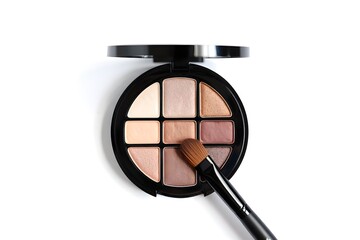 Eye shadow palette with brush on white background for beauty and makeup concepts