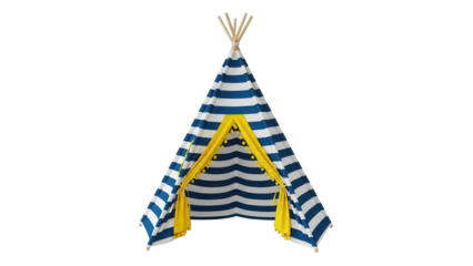 Blue and white striped teepee tent isolated PNG, kids playhouse for indoor and outdoor fun on transparent background