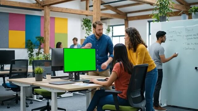 Office team works together near a green screen monitor and whiteboard.