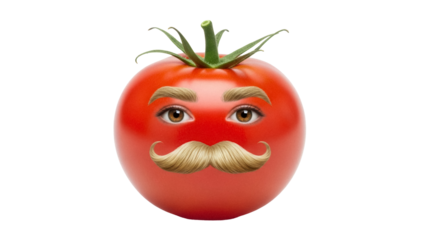 Funny tomato with eyes and mustache isolated PNG, anthropomorphic vegetable character with a comical expression for food design and humor