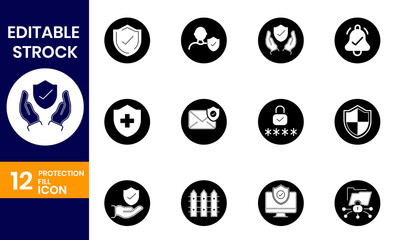 Collection of twelve editable stroke black and white security and protection icons displayed in circular shapes on a dark blue background