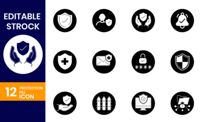 Collection of twelve editable stroke black and white security and protection icons displayed in circular shapes on a dark blue background