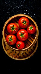 Fresh tomatoes in a bamboo steamer on a dark background with water droplets