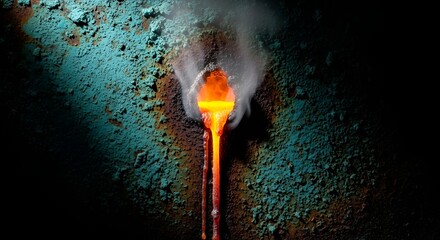 Molten metal streams down a textured, oxidized blue-green surface with heat distortion effect.