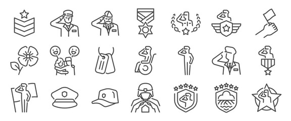 Veteran Day icon set. It includes soldier, military, honorary, honor, salute, and more icons. Editable Vector Stroke.