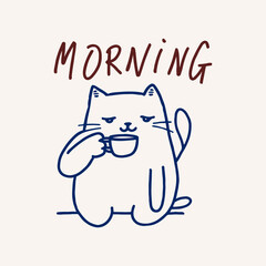 Cute Cat Drinks Coffee Hand Drawn Sketch Vector Illustration. Breakfast Icon Line Art Drawing. Cat Coffee Lover Simple Modern Contour Drawing. 