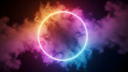 Obraz premium Neon oval frame with colorful smoke on black background