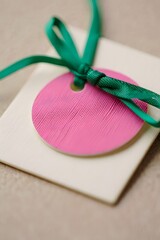 Gift tag with pink circle and green ribbon on a square white card for celebration