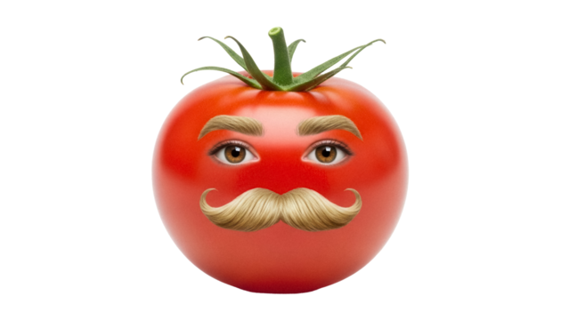 Funny tomato with eyes and mustache isolated PNG, anthropomorphic vegetable character with a comical expression for food design and humor