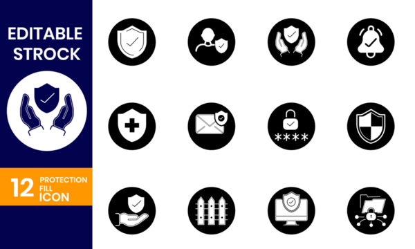 Collection of twelve editable stroke black and white security and protection icons displayed in circular shapes on a dark blue background