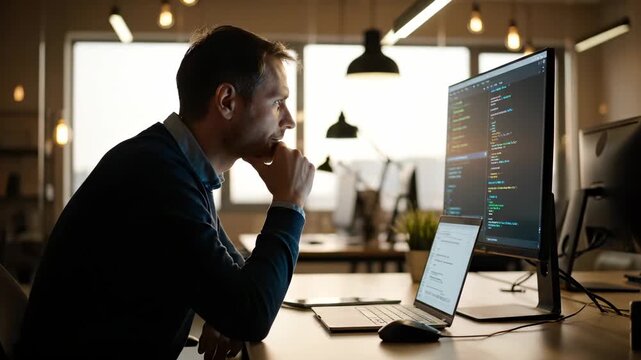 Programmer coding at desk on laptop. Developer reads software on monitor. Coder types while checking code. Office worker focuses on coding. Modern developer uses laptop and monitor. Project focus.