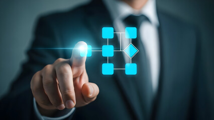 Businessman interacting with a digital blockchain network interface