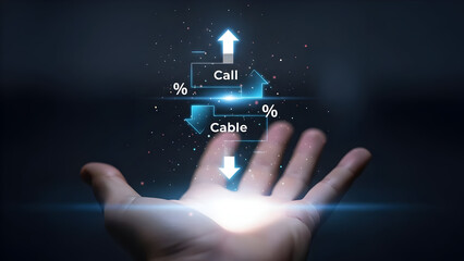 Hand holding digital globe with arrows and data