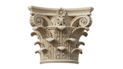 Ornate Corinthian capital isolated PNG on transparent background, architectural detail with acanthus leaves and scrolls for design elements