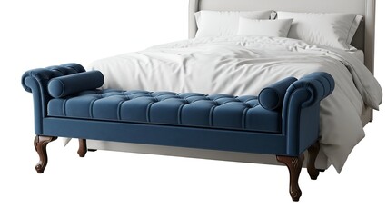 Bedroom scene with a tufted blue bench at the foot of a bed with white bedding